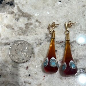 Elegant Hand blown Gold and Brown Teardrop Earrings
